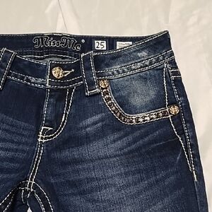 Miss Me Dark Wash Jeans with Embellishments And Flaps On Pockets, Sz 25